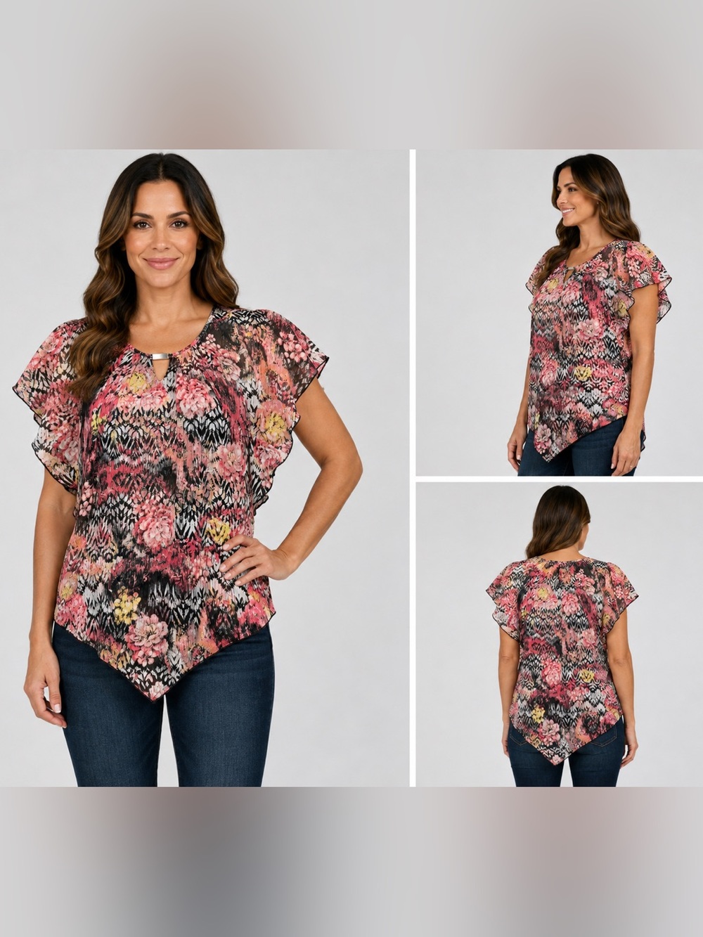 Notations Floral Flutter Sleeve Asymmetrical Hem Blouse L